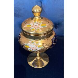 Vintage Bohemian Cobalt Blue & Gold Enamel Glass Covered Jar Goblet– Minor Wear